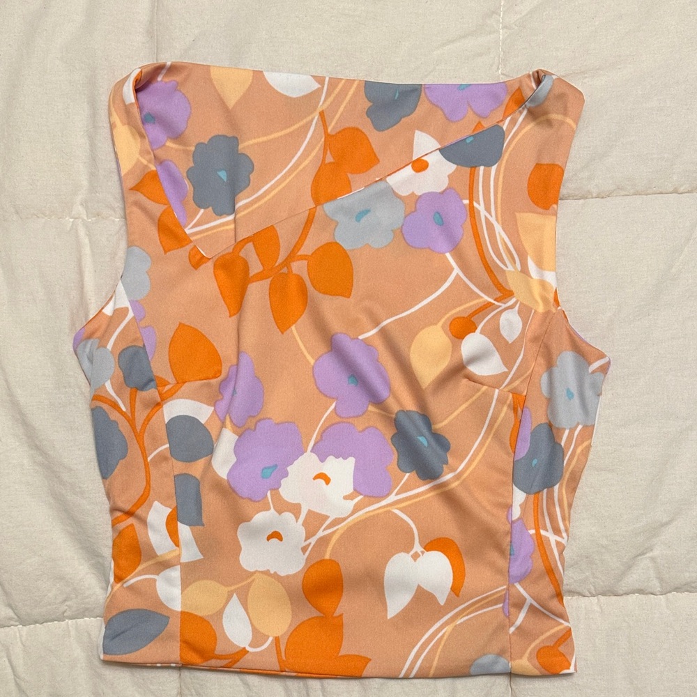 Y2K style stretchy asymmetrical collar Floral Sleeveless Top - Orange and Purple